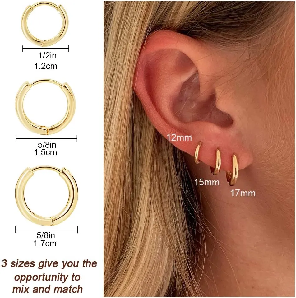 3 Pairs 14K Gold Plated Huggie Hoop Earrings for Women, Minimalist Gold Huggie Hoop Earrings, Simple 3 sizes Hoop Earrings for Women Men gift,gold silver rose gold and black