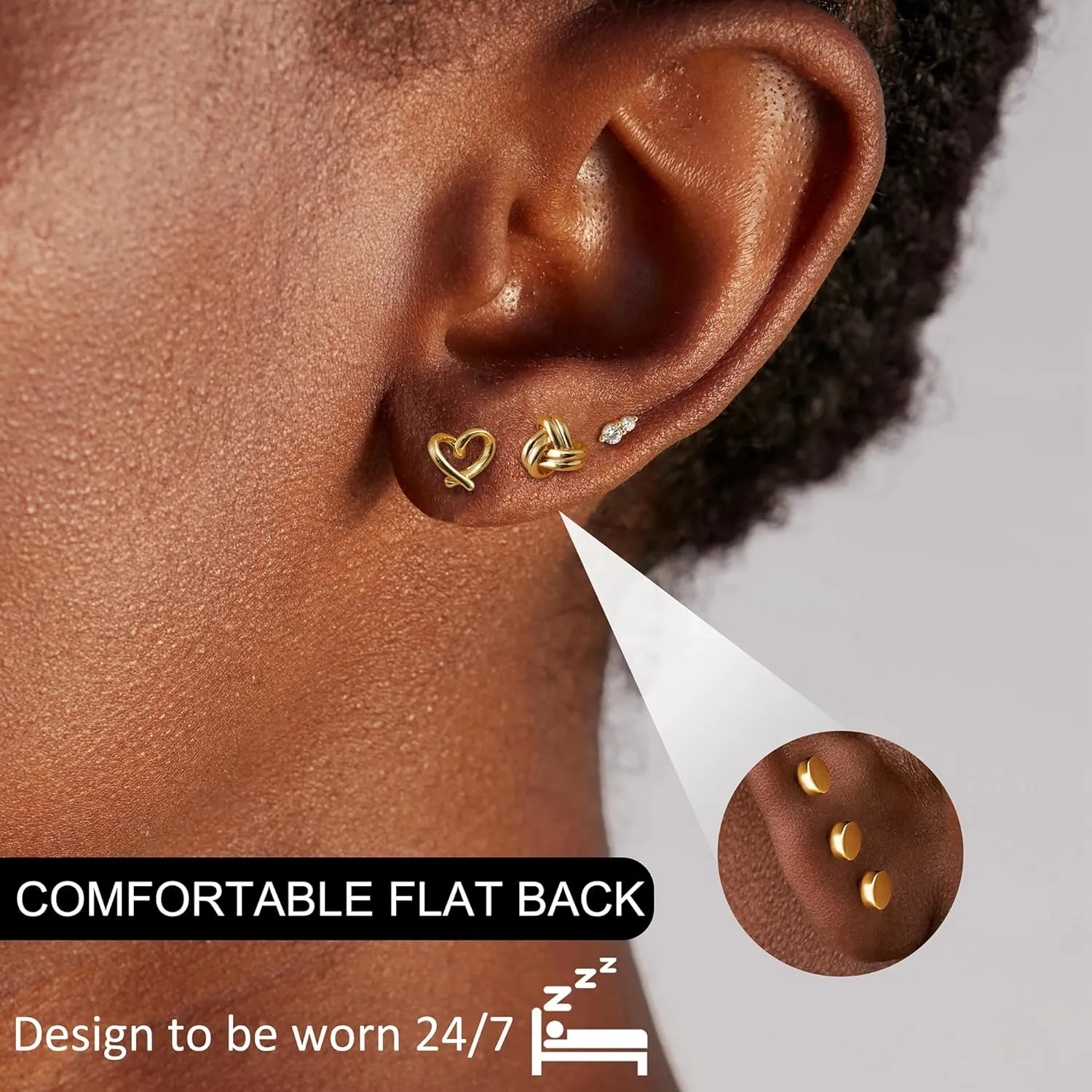 3 Pairs Gold Plated Flat Back Earrings for Women 925 Sterling Silver Post Tragus Cartilage Earring Set for Multiple Piercing Trendy Flatback Stud Earrings