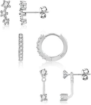 3 Pairs Sterling Silver Earrings for Women Trendy Silver Stud Hoop Earrings Stacks for Multiple Piercing Dainty Cartilage Huggie Hoop Earrings Hypoallergenic Small Cubic Zirconia Stud Hoop Earrings Set