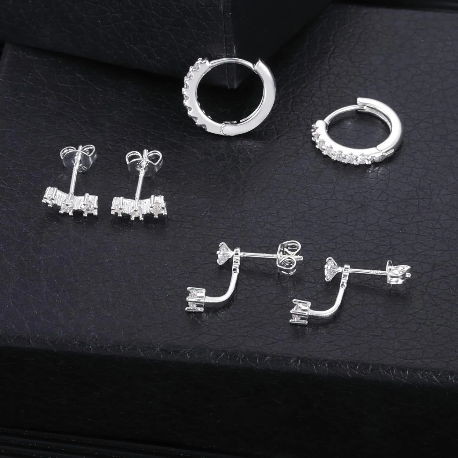 3 Pairs Sterling Silver Earrings for Women Trendy Silver Stud Hoop Earrings Stacks for Multiple Piercing Dainty Cartilage Huggie Hoop Earrings Hypoallergenic Small Cubic Zirconia Stud Hoop Earrings Set
