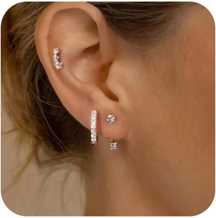 3 Pairs Sterling Silver Earrings for Women Trendy Silver Stud Hoop Earrings Stacks for Multiple Piercing Dainty Cartilage Huggie Hoop Earrings Hypoallergenic Small Cubic Zirconia Stud Hoop Earrings Set