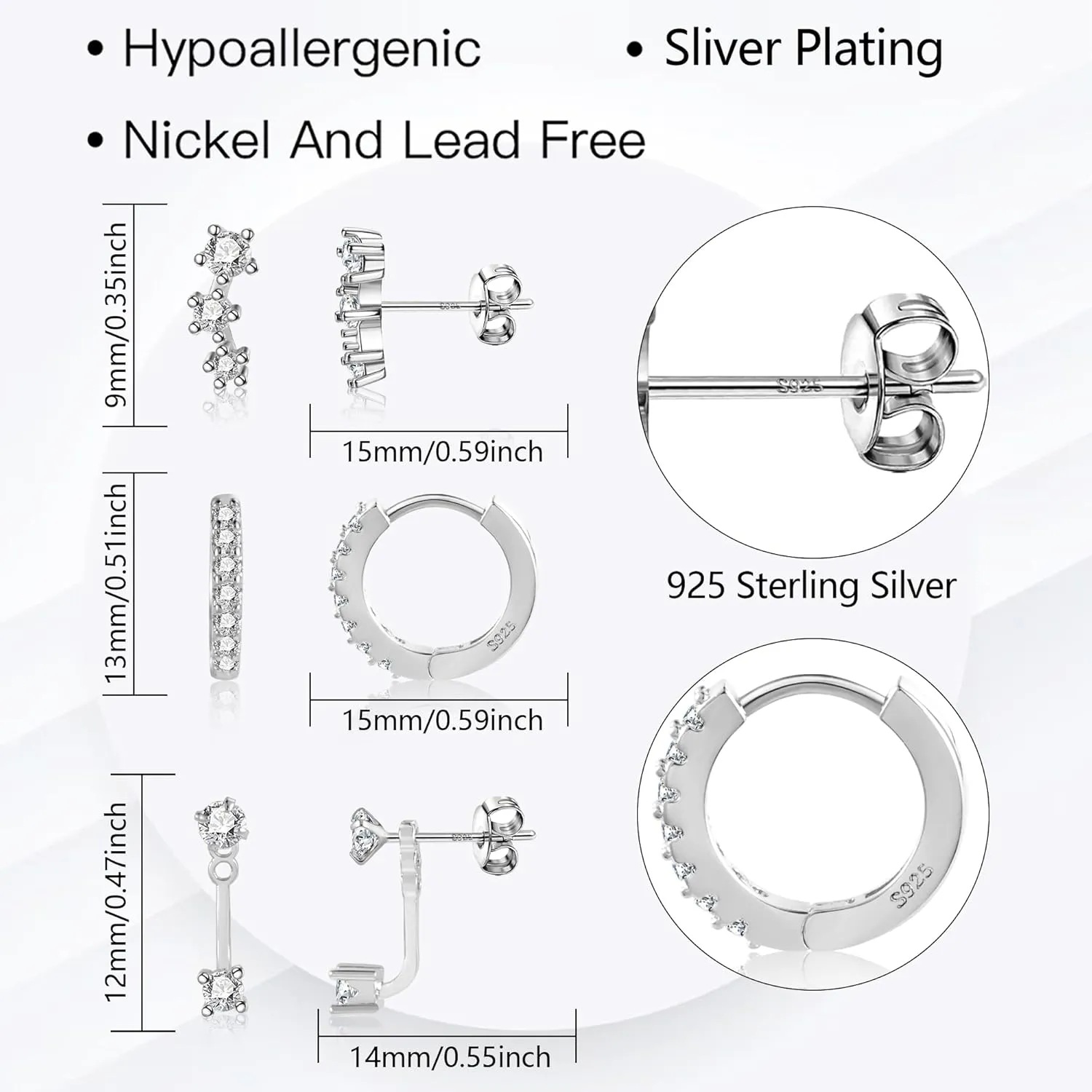 3 Pairs Sterling Silver Earrings for Women Trendy Silver Stud Hoop Earrings Stacks for Multiple Piercing Dainty Cartilage Huggie Hoop Earrings Hypoallergenic Small Cubic Zirconia Stud Hoop Earrings Set