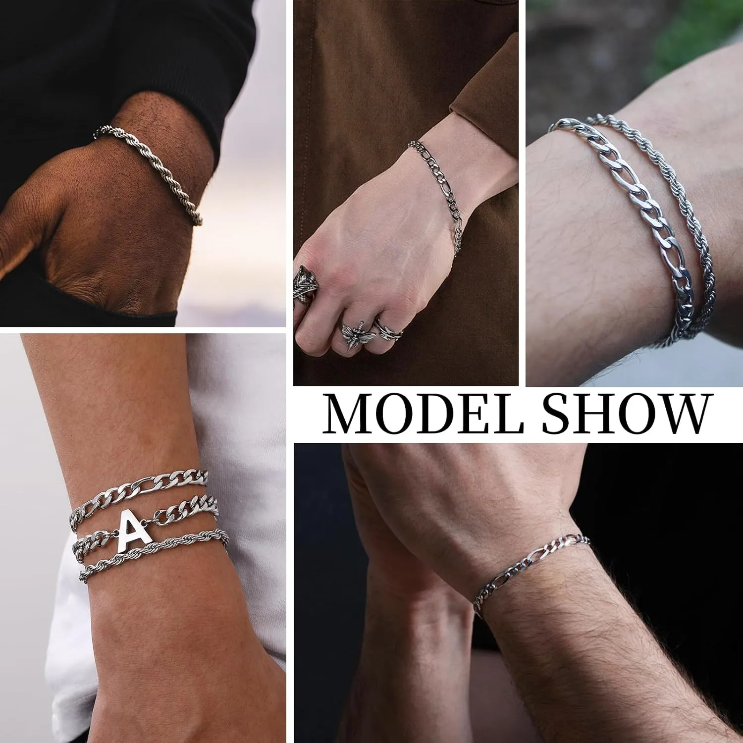 3 Pcs A-Z Silver Initial Chain Bracelets for Men, Stainless Steel Cuban Link Rope Figaro Chain Bracelet Set Jewelry Gifts for Men Women, 7.5 2 Inches