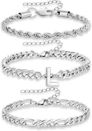 3 Pcs A-Z Silver Initial Chain Bracelets for Men, Stainless Steel Cuban Link Rope Figaro Chain Bracelet Set Jewelry Gifts for Men Women, 7.5 2 Inches