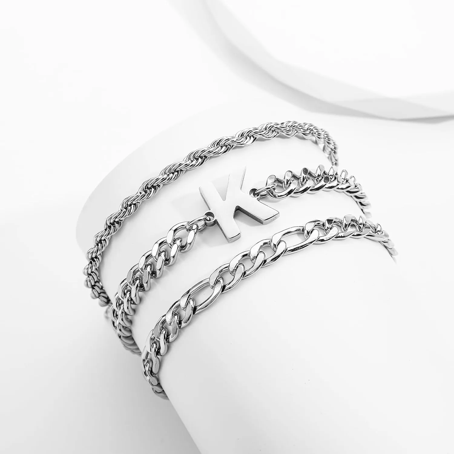3 Pcs A-Z Silver Initial Chain Bracelets for Men, Stainless Steel Cuban Link Rope Figaro Chain Bracelet Set Jewelry Gifts for Men Women, 7.5 2 Inches