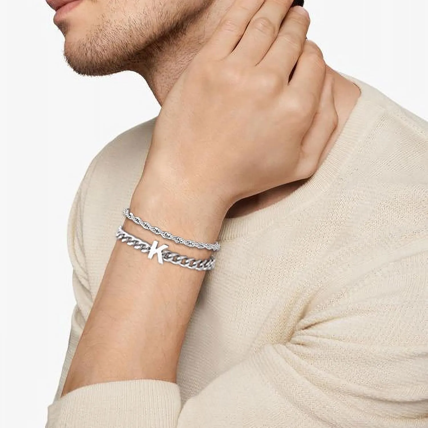 3 Pcs A-Z Silver Initial Chain Bracelets for Men, Stainless Steel Cuban Link Rope Figaro Chain Bracelet Set Jewelry Gifts for Men Women, 7.5 2 Inches