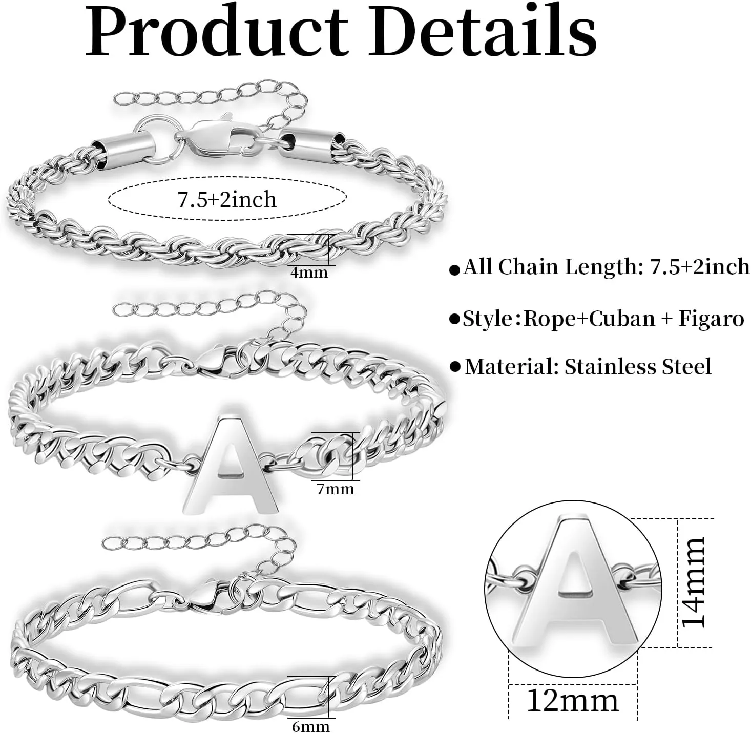 3 Pcs A-Z Silver Initial Chain Bracelets for Men, Stainless Steel Cuban Link Rope Figaro Chain Bracelet Set Jewelry Gifts for Men Women, 7.5 2 Inches
