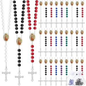 36 Pcs Wooden Bead Rosary Necklace with Crucifix and Our Lady of Guadalupe Scented First Communion Rosary with 36 Organza Bags Baptism Favors Catholic Gift for Men Women (Assorted Colors)