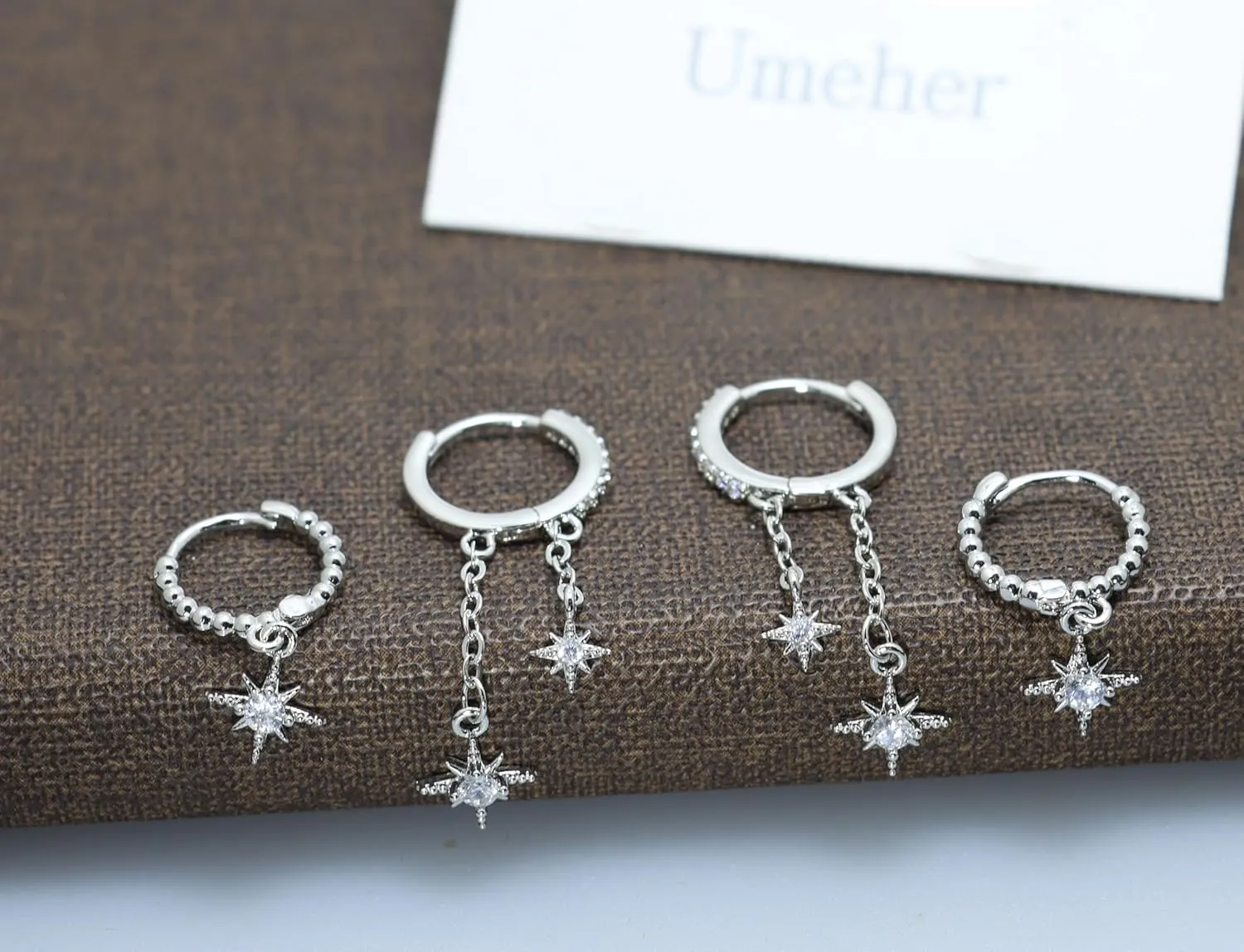 3Pairs Earrings Set for Women Silver Moon Star CZ Butterfly Green Dainty Stud Hoop Earrings for Three Holes Earrings Stack