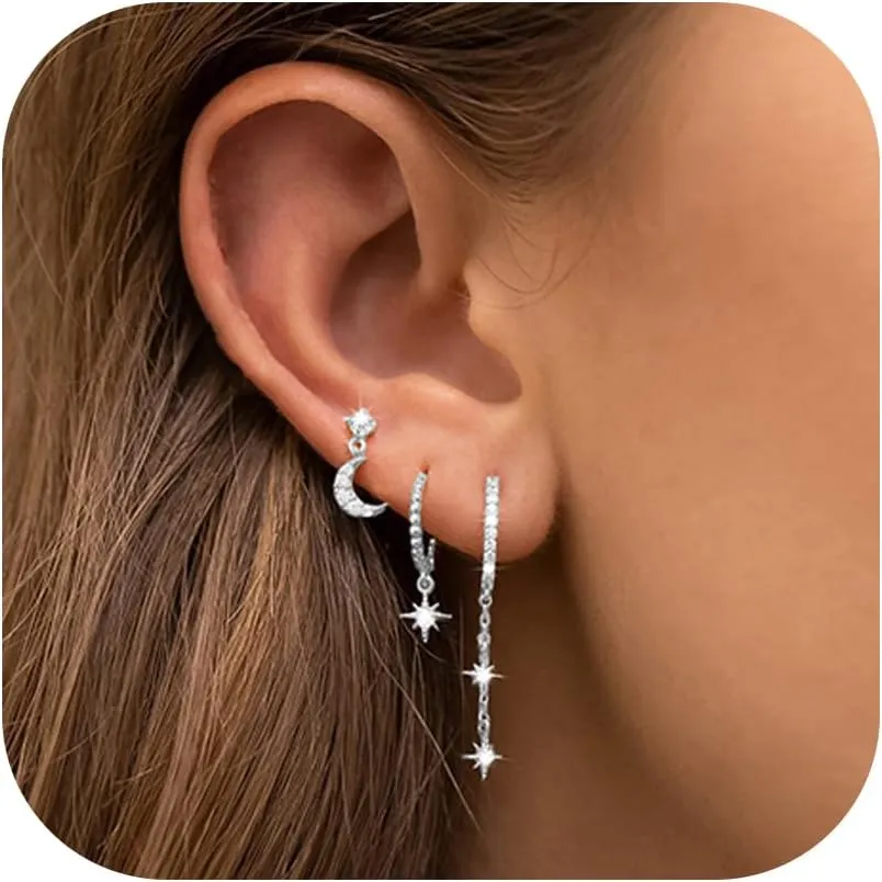 3Pairs Earrings Set for Women Silver Moon Star CZ Butterfly Green Dainty Stud Hoop Earrings for Three Holes Earrings Stack