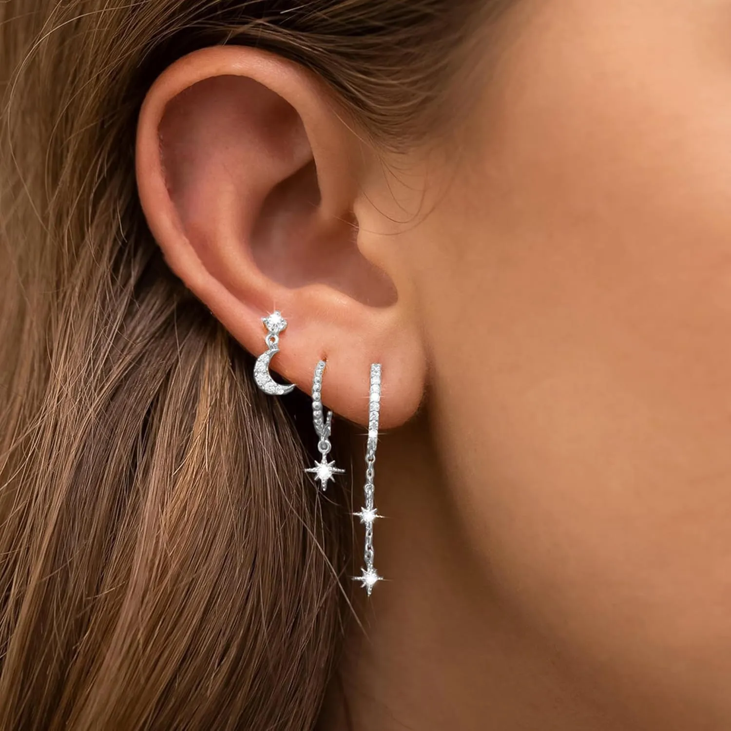 3Pairs Earrings Set for Women Silver Moon Star CZ Butterfly Green Dainty Stud Hoop Earrings for Three Holes Earrings Stack