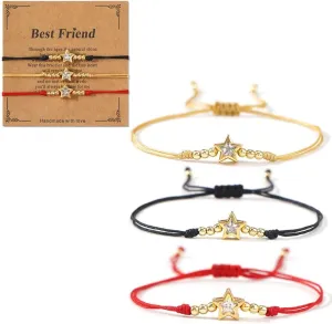 3PCS Dainty Gold Heart Pentagram Adjustable Stackable Bracelet for Women,Handmade Boho Black Red Braided String Romantic Jewelry Gift Mom Sister Best Friendship