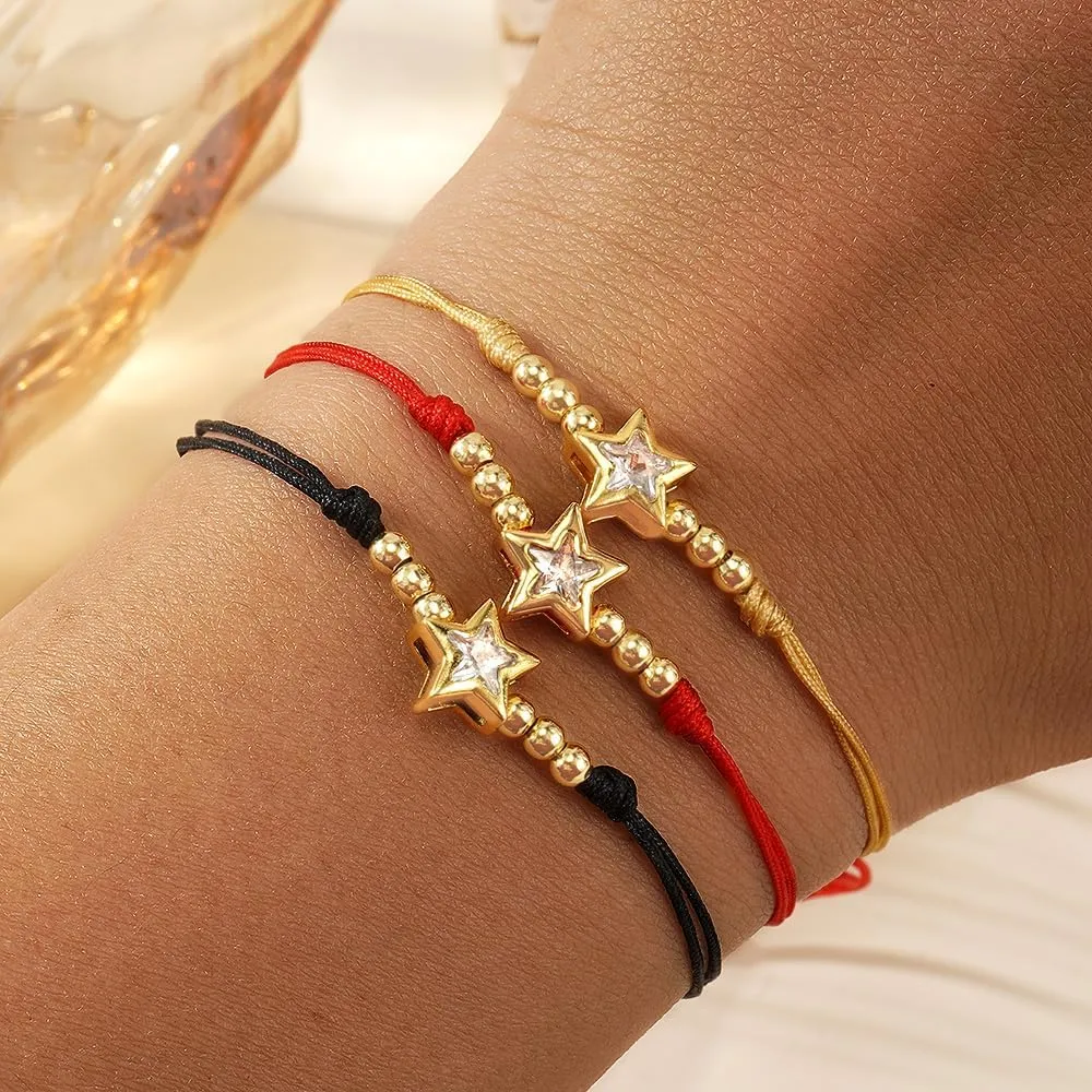 3PCS Dainty Gold Heart Pentagram Adjustable Stackable Bracelet for Women,Handmade Boho Black Red Braided String Romantic Jewelry Gift Mom Sister Best Friendship