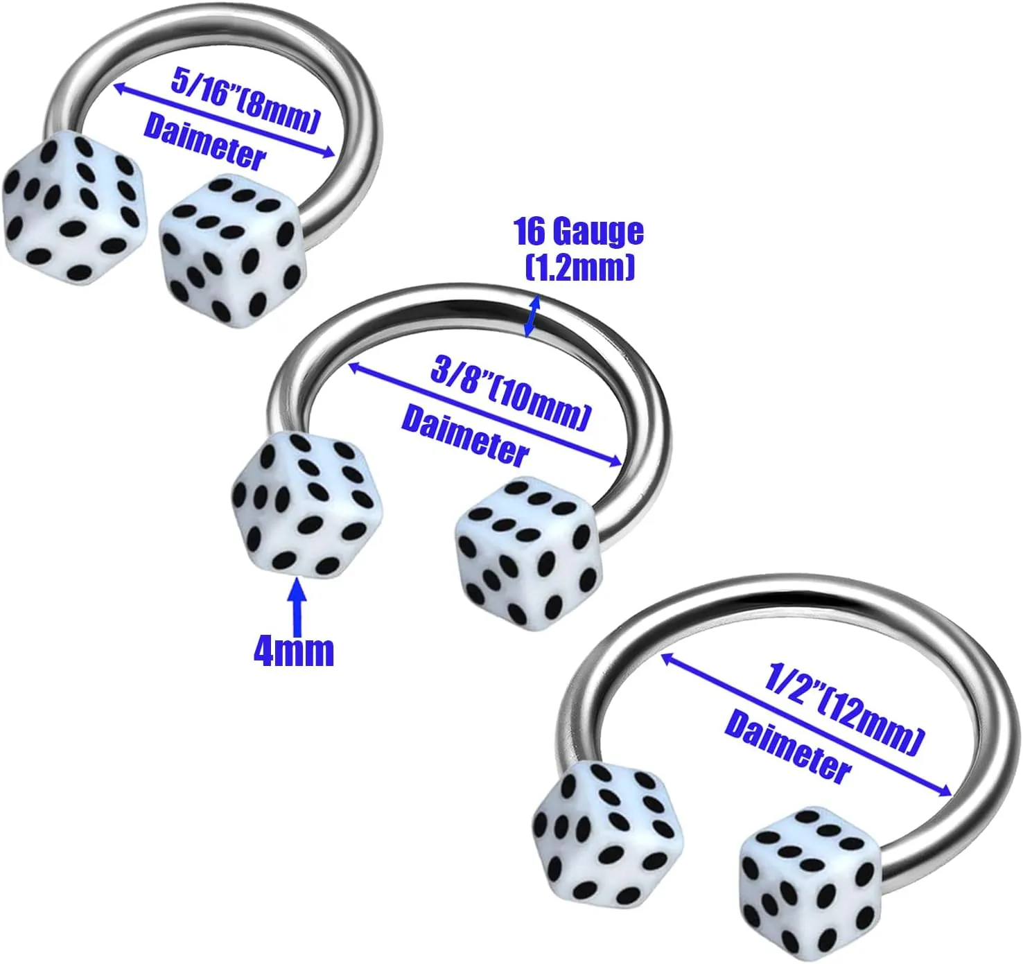 3Pcs Titanium G23 16g 5/16 8mm 3/8 10mm 1/2 12mm Horseshoe Earrings Piercing Jewelry Cartilage Septum 4mm Dice More Choices
