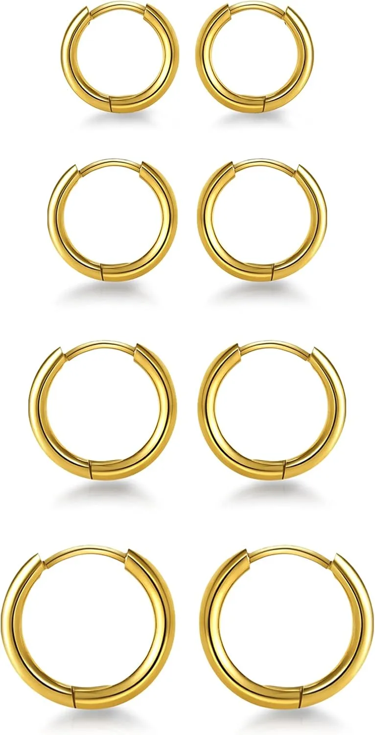 4 Pairs Gold Huggie Hoop Earrings Sets for Multiple Piercing 12-18mm Stainless Steel Hypoallergenic Earrings Small Hoop Cartilage Earrings for Men Women