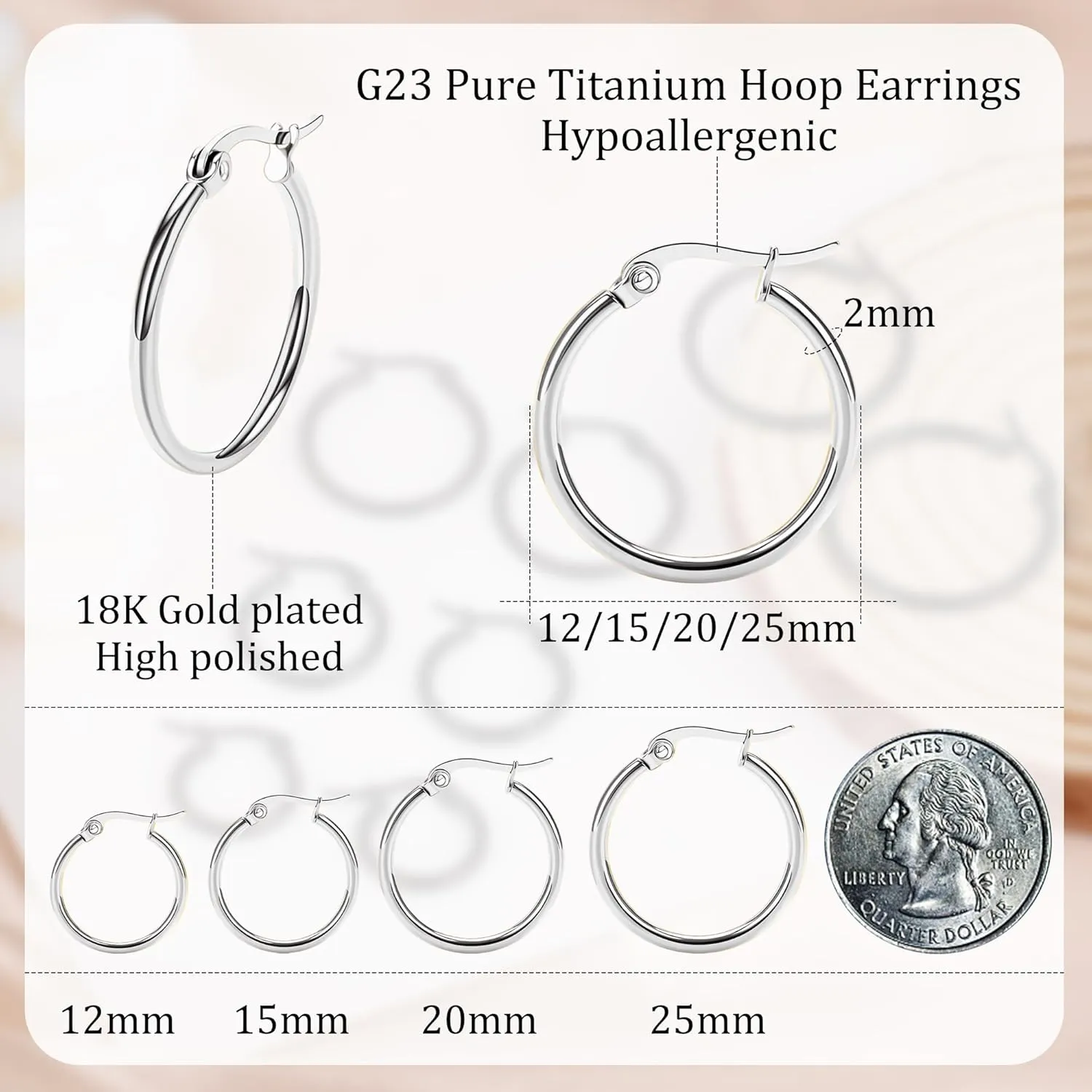 4 Pairs Titanium Hoop Earrings for Sensitive Ears Hypoallergenic Pure Titanium Earrings for Women Men G23 Lightweight Small Huggie Hoop Earrings Set 12MM 15MM 20MM 25MM