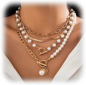 4 Pcs Layered Gold Necklace For Women Trendy Adjustable Chunky Pearl Stacked Choker Necklaces Charm Multilaye Paperclip Chain Necklace Set For Beach Jewelry