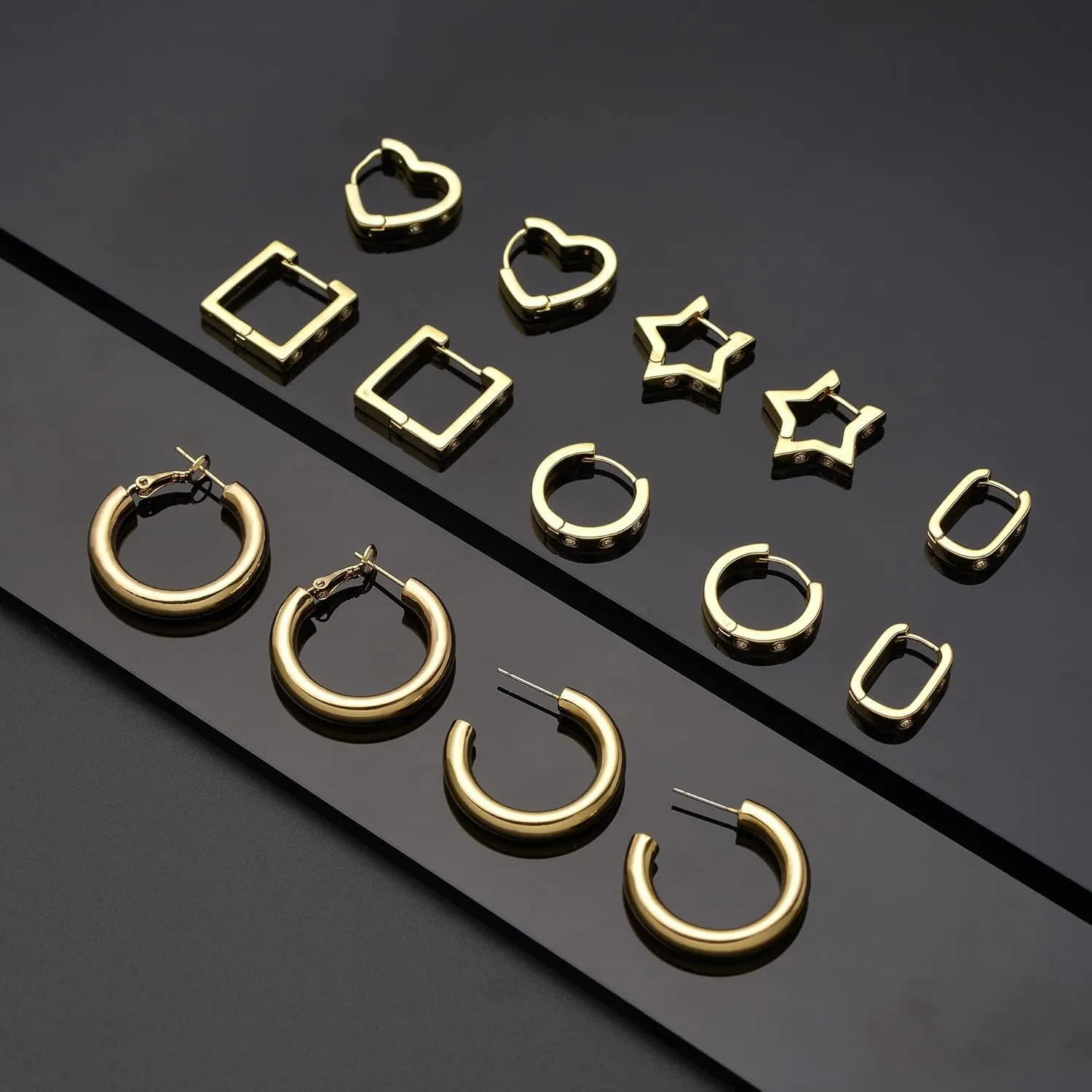 4/9 Pairs Chunky Gold Waterdrop Hoop Earrings Hypoallergenic 14K Gold Hoops Earrings Thick Teardrop Earrings U shape Huggie earrings Set for women