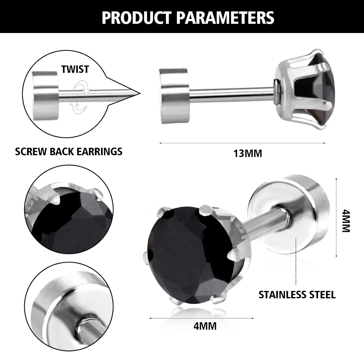4mm Flat Screw Back Stud Earrings, Tiny Studs Earrings for Women Small Cartilage Earrings, Hypoallergenic Stainless Steel Helix Flatback Piercing Jewelry Gifts for Women Girls (4MM, Black)