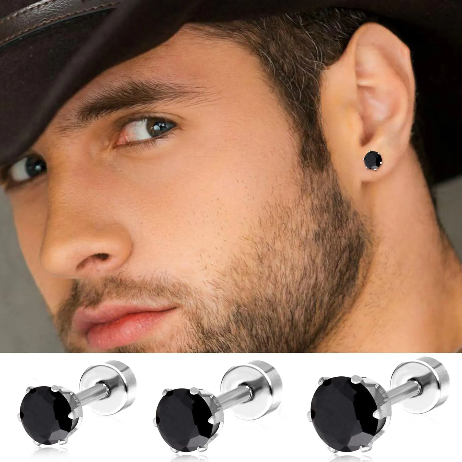 4mm Flat Screw Back Stud Earrings, Tiny Studs Earrings for Women Small Cartilage Earrings, Hypoallergenic Stainless Steel Helix Flatback Piercing Jewelry Gifts for Women Girls (4MM, Black)