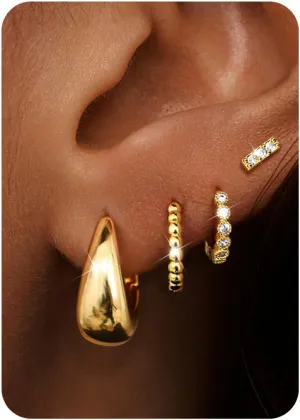 4Pairs Small Chunky Gold Hoop Earrings for Women - Gold Silver Hoop Earrings Stacks Non Tarnish 14K Gold Plated Flat Back Stud Huggie Hoop Earring Sets for Multiple Piercing Hypoallergenic