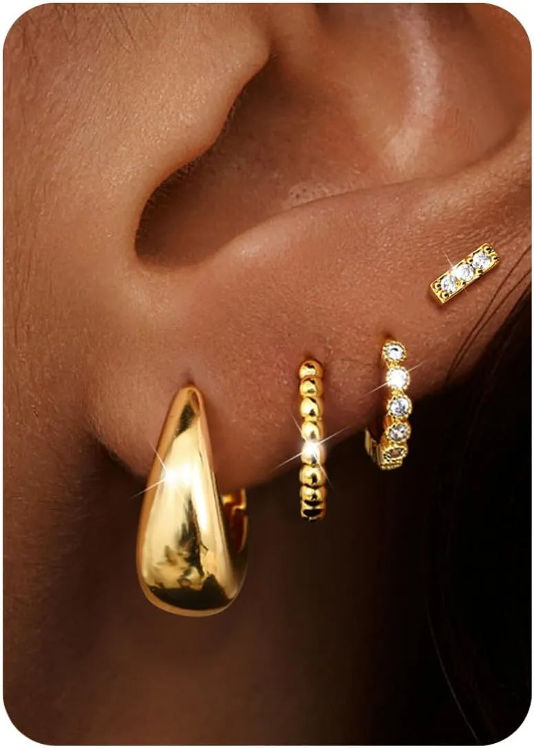 4Pairs Small Chunky Gold Hoop Earrings for Women - Gold Silver Hoop Earrings Stacks Non Tarnish 14K Gold Plated Flat Back Stud Huggie Hoop Earring Sets for Multiple Piercing Hypoallergenic