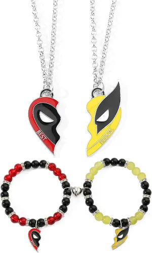4PCS Deadpl and Wolvers Necklace-Bracelets Set, Superhero Best Friends Half Heart Necklace Bracelets for Couples BFF Friendship Matching Cosplay Relationship Bracelet Gifts for Women Men