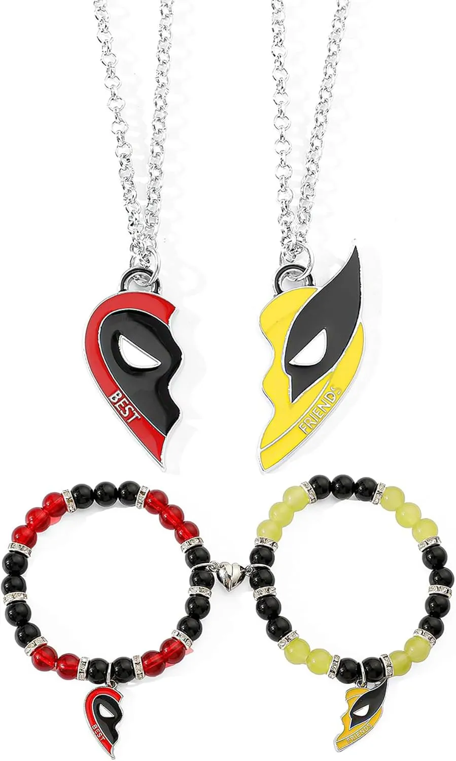 4PCS Deadpl and Wolvers Necklace-Bracelets Set, Superhero Best Friends Half Heart Necklace Bracelets for Couples BFF Friendship Matching Cosplay Relationship Bracelet Gifts for Women Men