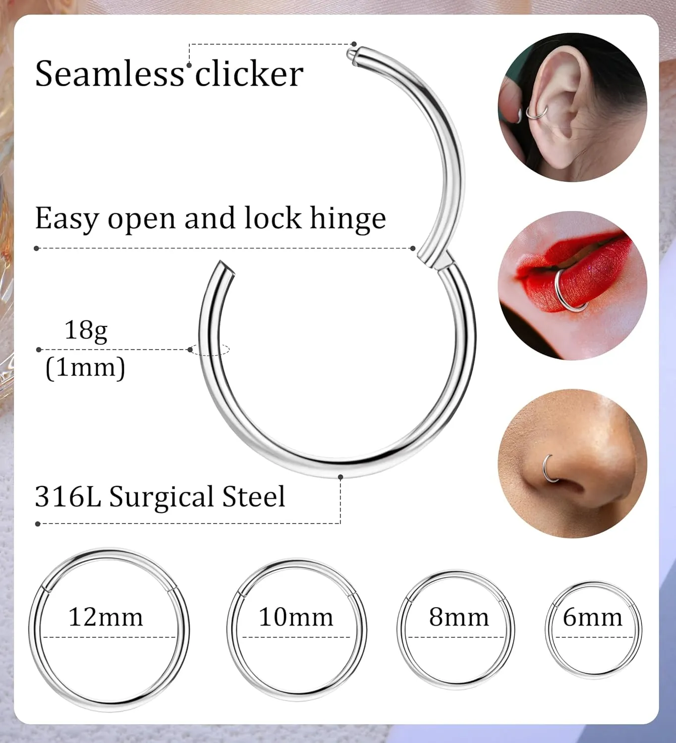 4Pcs Hinged Nose Rings Hoop 16G 18G 20G Nose Rings Hoops for Women 316L Surgical Steel Hinged Clicker Segment Nose Rings Stainless Steel Cartilage Tragus Earrings Piercing Jewelry Silver 18G