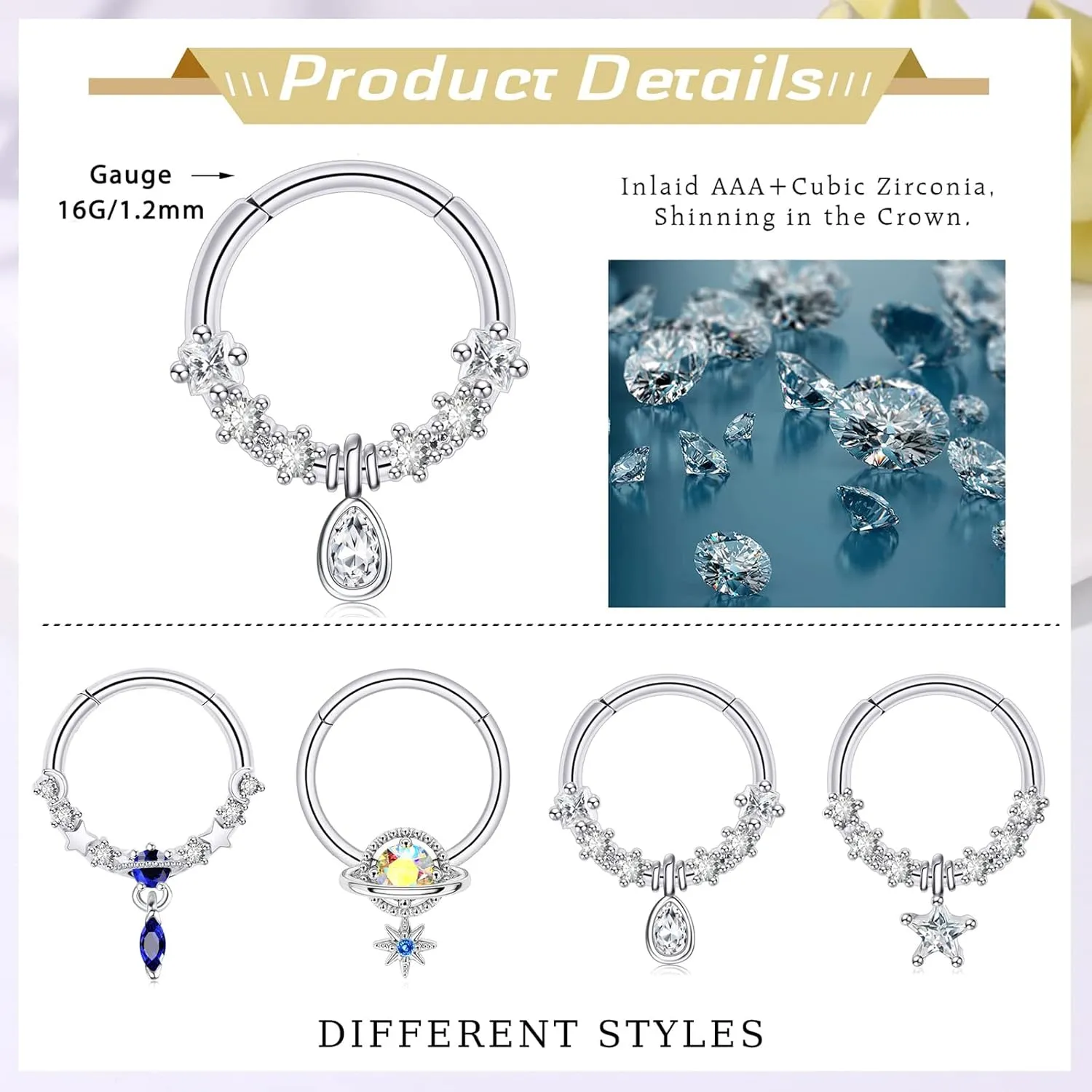 4Pcs Septum Rings 16G Dangle Nose Rings with CZ Star Blue Planet Teardrop Clicker Rings Surgical Steel Daith Helix Earrings Cartilage Piercing Jewelry for Women