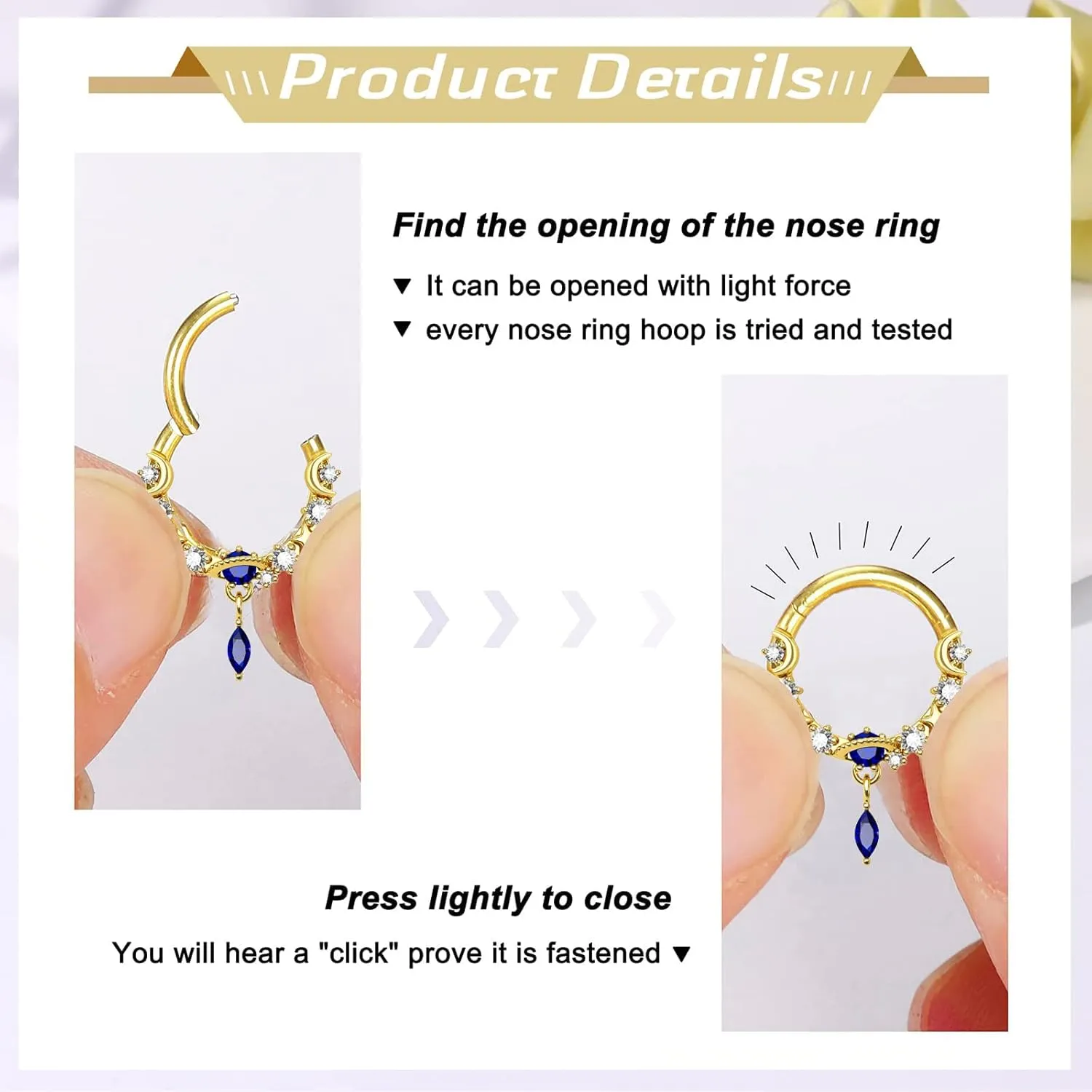 4Pcs Septum Rings 16G Dangle Nose Rings with CZ Star Blue Planet Teardrop Clicker Rings Surgical Steel Daith Helix Earrings Cartilage Piercing Jewelry for Women