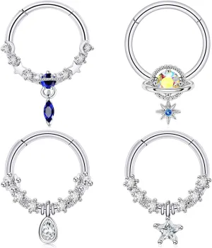 4Pcs Septum Rings 16G Dangle Nose Rings with CZ Star Blue Planet Teardrop Clicker Rings Surgical Steel Daith Helix Earrings Cartilage Piercing Jewelry for Women