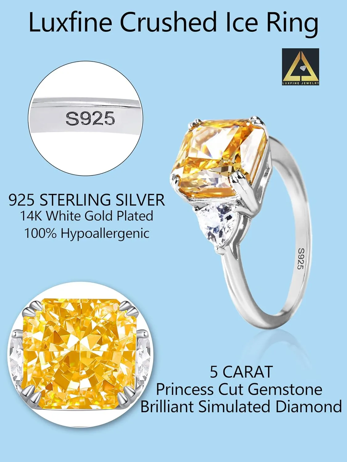 5 CT Diamond Rings for Women, Engagement Rings,Princess Cut Ring 925 Sterling Silver Simulated Diamond Jewelry(ClearYellowPink) with Gift Box