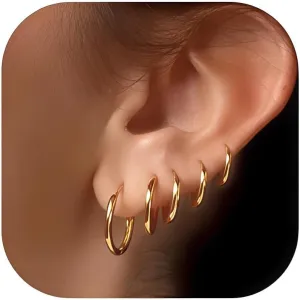 5 Pairs 14K Gold Plated Huggie Hoop Earrings for Women - Lightweight Minimalist Small Hoops, Hypoallergenic Nickel-free Lead-free, Non-Tarnish Everyday Jewelry for Sensitive Ears, Multiple Piercing Stack Set