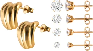 5 Pairs 18K Gold Plated Surgical Stainless Steel Stud Earring, Teardrop Banana Heart Star Square Round Cubic Zirconia CZ Stud Earrings for Multiple Piercing