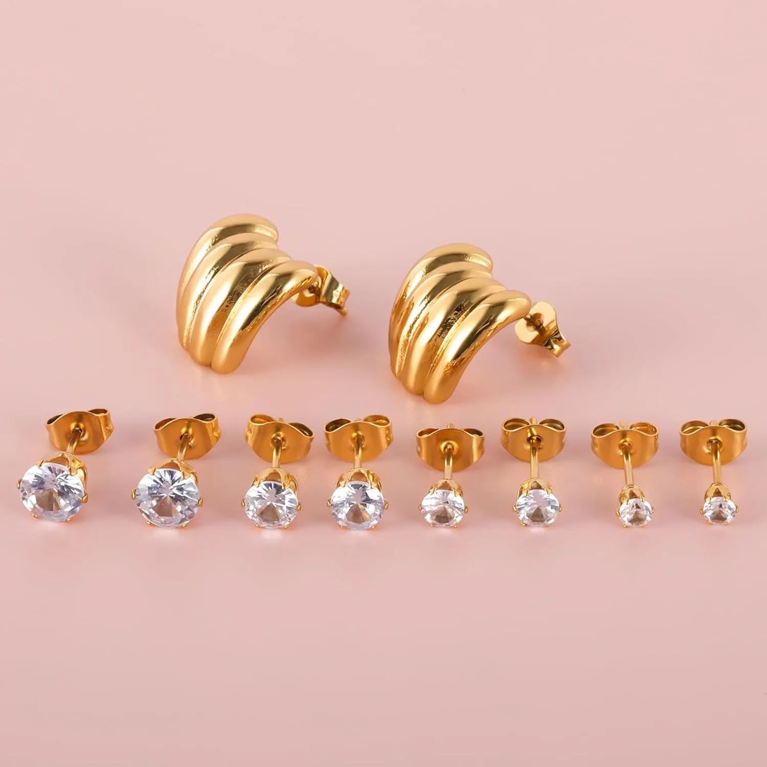 5 Pairs 18K Gold Plated Surgical Stainless Steel Stud Earring, Teardrop Banana Heart Star Square Round Cubic Zirconia CZ Stud Earrings for Multiple Piercing