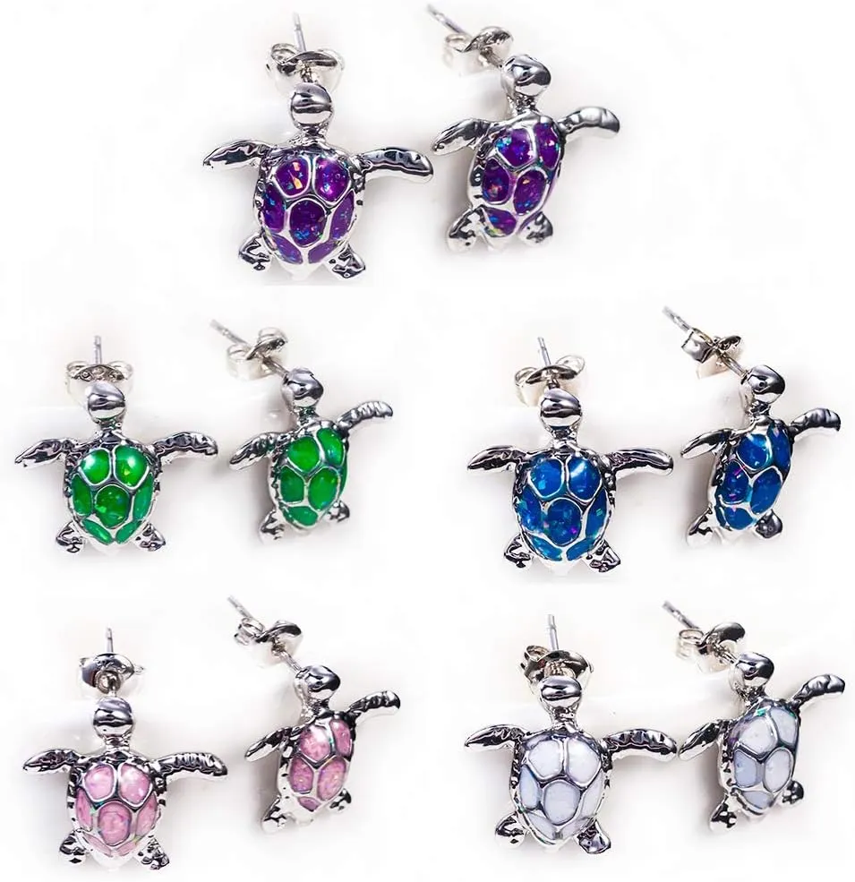 5 Pairs Cute Turtle Stud Earrings - Blue Opal Turtle Jewelry for Women, Hypoallergenic