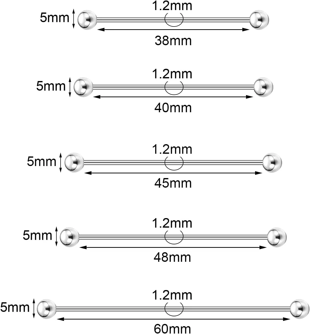 5/10Pcs Mix Sizes Industrial Barbell Cartilage Earring Tongue Helix Nipple Barbell Surgical Steel Body Piercing Jewelry Retainer for Women Men Straight Bar Length