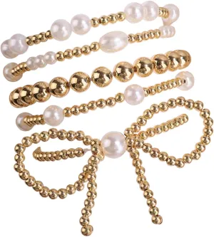 5pcs Gold Bow Bracelets for Women, Stretch Gold Beaded Pearl Bracelet Set Stackable Bead Ball Bracelet Accessories Gifts for Women Trendy Jewelry