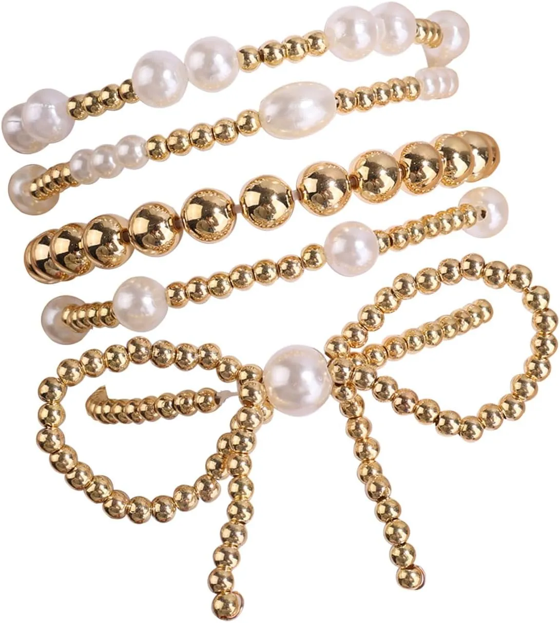 5pcs Gold Bow Bracelets for Women, Stretch Gold Beaded Pearl Bracelet Set Stackable Bead Ball Bracelet Accessories Gifts for Women Trendy Jewelry