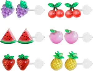 6 Pairs Fruit Earrings - Plastic Post Earrings for Girls with Sensitive Ears
