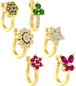 6 Pcs Multicolor Gold Plated Clip on Nose Stud Pin Without Hole Non Piercing Pressing Type Nose Rings for Women