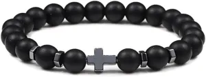 6mm 8mm Women Men Prayer Beaded Bracelet Hematite Cross Natural Wood Beads Lava Stone Onyx Meditation Bracelets Yoga Jewelry RK69I (8mm Black matte)