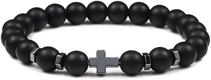 6mm 8mm Women Men Prayer Beaded Bracelet Hematite Cross Natural Wood Beads Lava Stone Onyx Meditation Bracelets Yoga Jewelry RK69I (8mm Black matte)