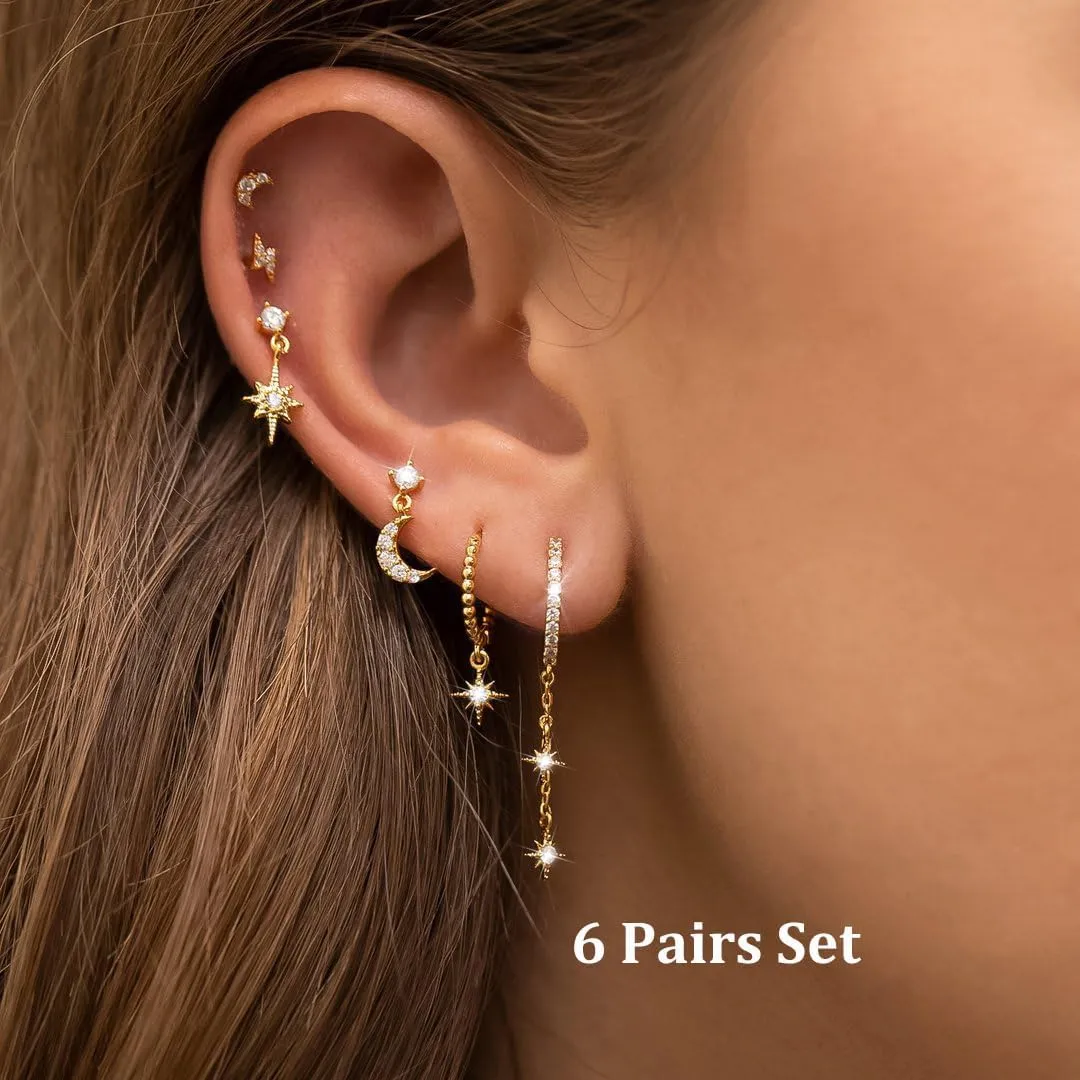 6Pcs/6Pairs 14K Gold Earrings Set for Women Moon Star Hoop Dainty Earrings Stackable Cubic Zirconia CZ Chain Drop Dangle Earrings Stacks for Multiple Piercing