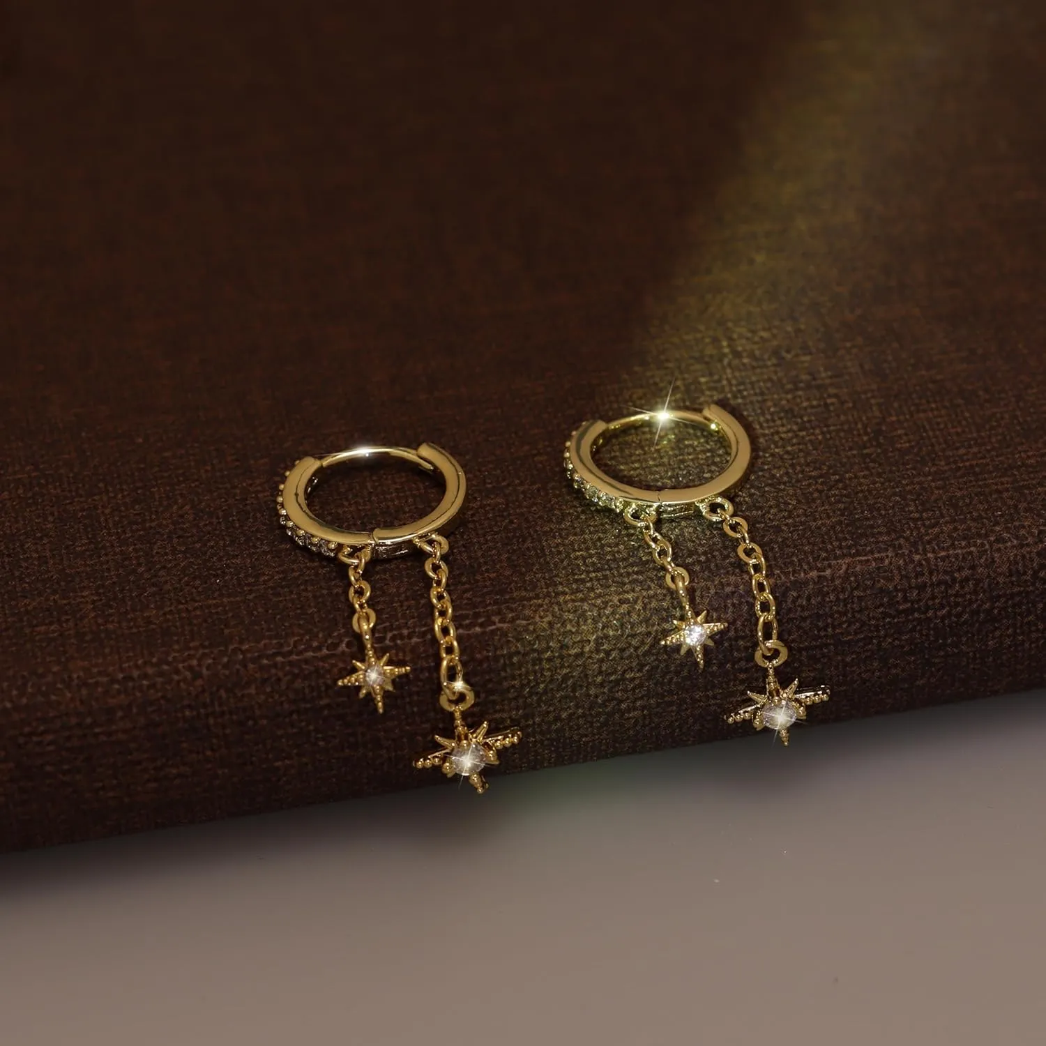 6Pcs/6Pairs 14K Gold Earrings Set for Women Moon Star Hoop Dainty Earrings Stackable Cubic Zirconia CZ Chain Drop Dangle Earrings Stacks for Multiple Piercing