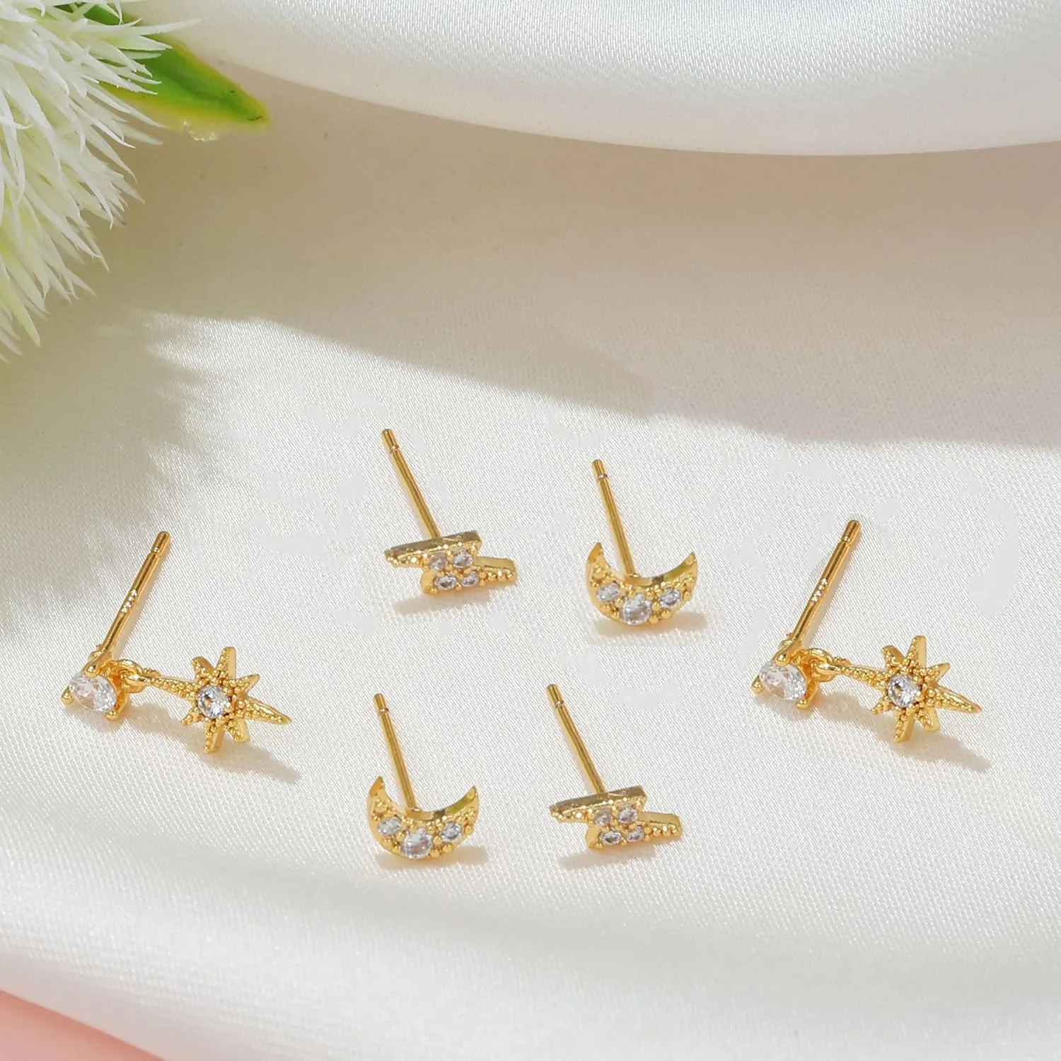 6Pcs/6Pairs 14K Gold Earrings Set for Women Moon Star Hoop Dainty Earrings Stackable Cubic Zirconia CZ Chain Drop Dangle Earrings Stacks for Multiple Piercing