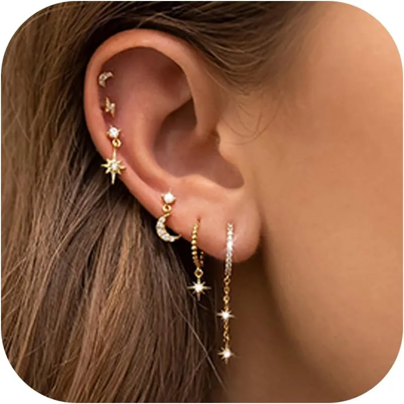6Pcs/6Pairs 14K Gold Earrings Set for Women Moon Star Hoop Dainty Earrings Stackable Cubic Zirconia CZ Chain Drop Dangle Earrings Stacks for Multiple Piercing