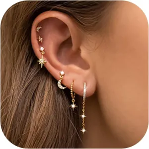 6Pcs/6Pairs 14K Gold Earrings Set for Women Moon Star Hoop Dainty Earrings Stackable Cubic Zirconia CZ Chain Drop Dangle Earrings Stacks for Multiple Piercing