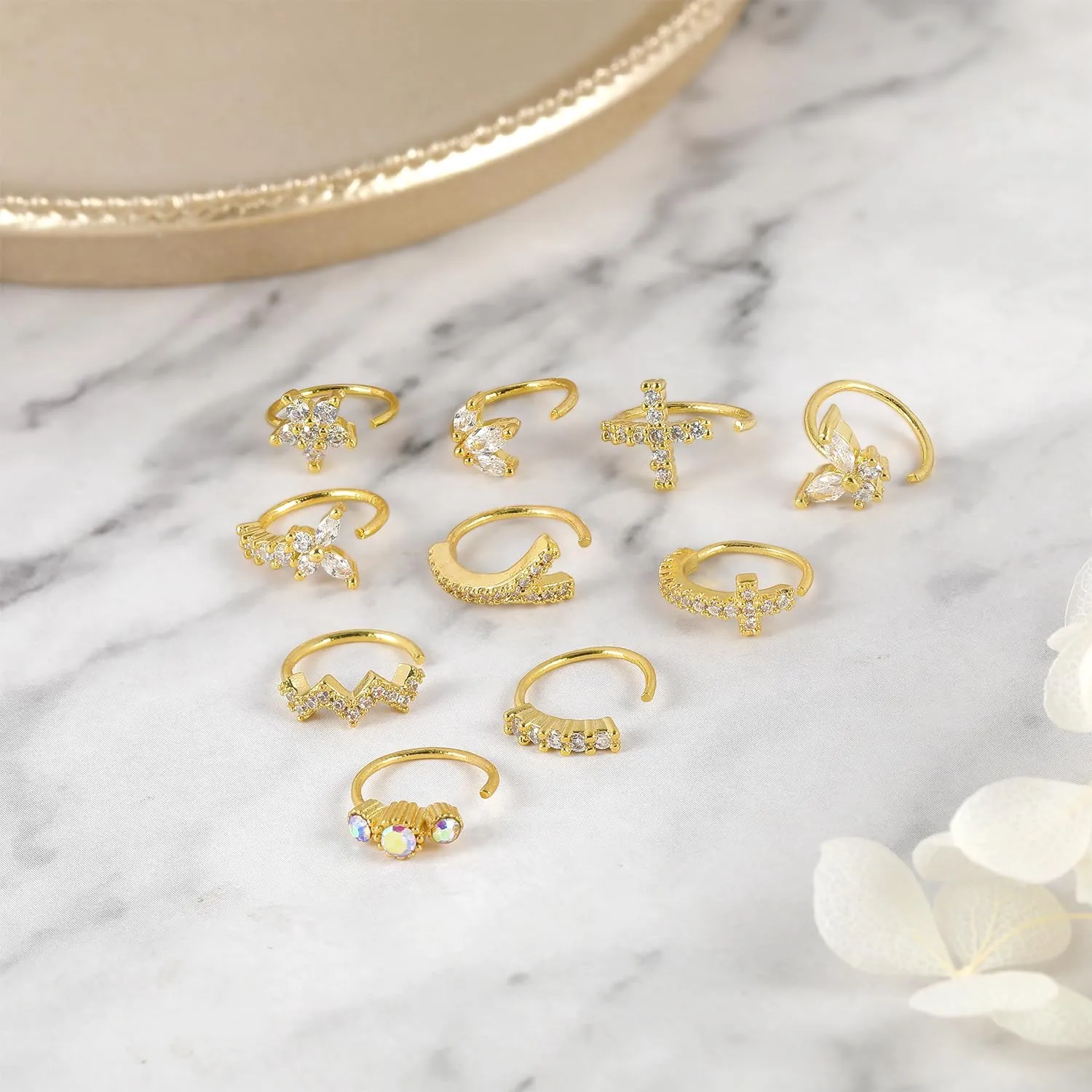 8-10Pcs 20G Nose Rings for Women Copper Nose Piercing Jewelry Cz Flower Feather Nose Hoop Ring Ear Cartilage Septum Daith Tragus Helix Lip Piercing Silver Gold Rose Gold